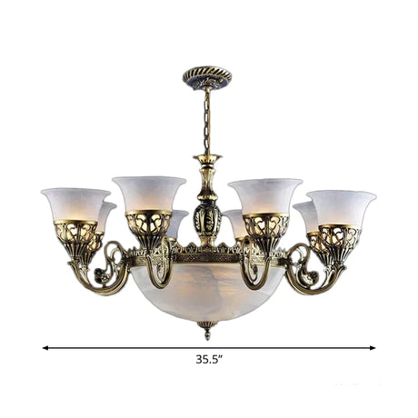 Frosted White Glass Hanging Lamp - Rustic Bronze Dining Room Chandelier With 11 Lights