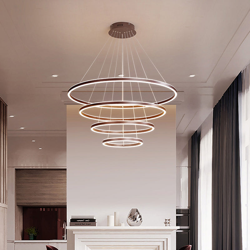 Minimalist Brown Ring Chandelier With Acrylic Led For Dining Room - 2/3/4 Tiers