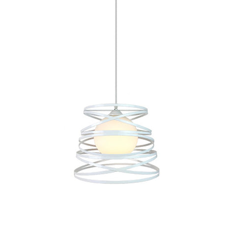 Black/White Hanging Pendant Light With Metal Spring Opal Glass Shade