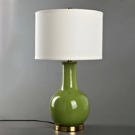 Modern Fabric Drum Table Lamp With Ceramic Base In White/Red/Blue For Living Room Night Stand Green