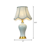 Handmade Urn Shaped Night Light Green Ceramic Table Lamp With Fabric Shade