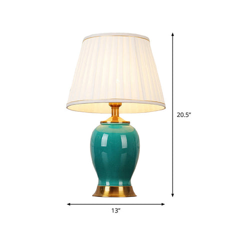 Handmade Urn Shaped Night Light Green Ceramic Table Lamp With Fabric Shade