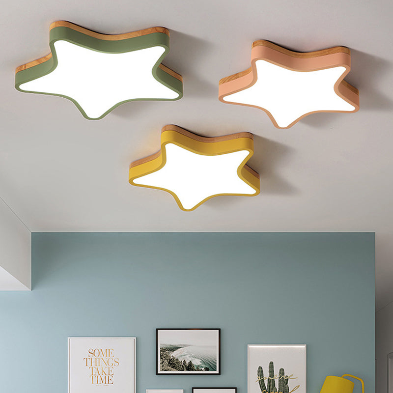 Wood Star Flush Cartoon Led Ceiling Light For Kindergarten Room Pink / 18