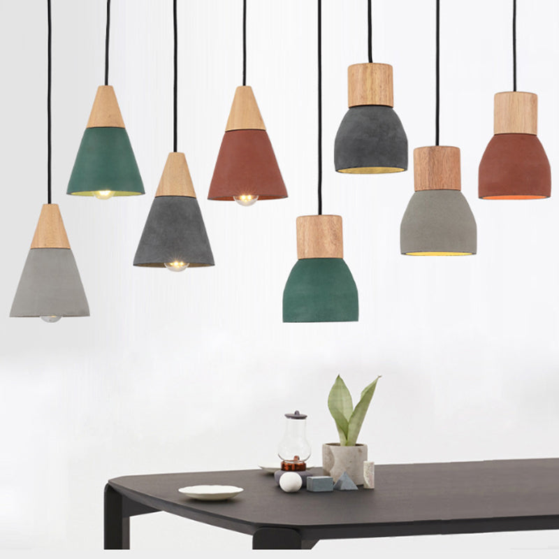 Small Nordic Cement Pendant Light With 1 Head And Wood Socket In Black/Red/Green