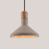 Nordic Funnel Cement Pendulum Light Grey Ceiling Pendant With Wood Top For Dining Room