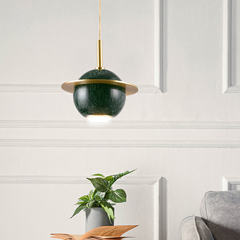 Designer Marble Pendant Lamp For Restaurants: Globe Hanging Light With Led Black/White/Green & Brass