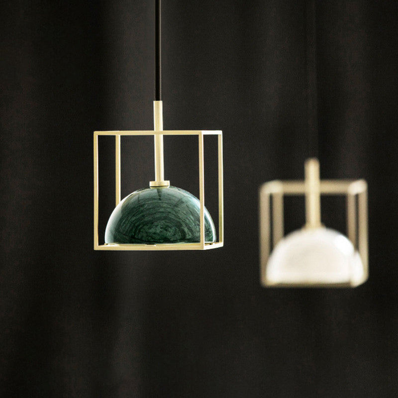 Stylish 1-Light Nordic Marble Pendant With Brass Square Frame