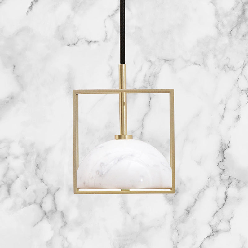 Stylish 1-Light Nordic Marble Pendant With Brass Square Frame