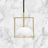 Stylish 1-Light Nordic Marble Pendant With Brass Square Frame