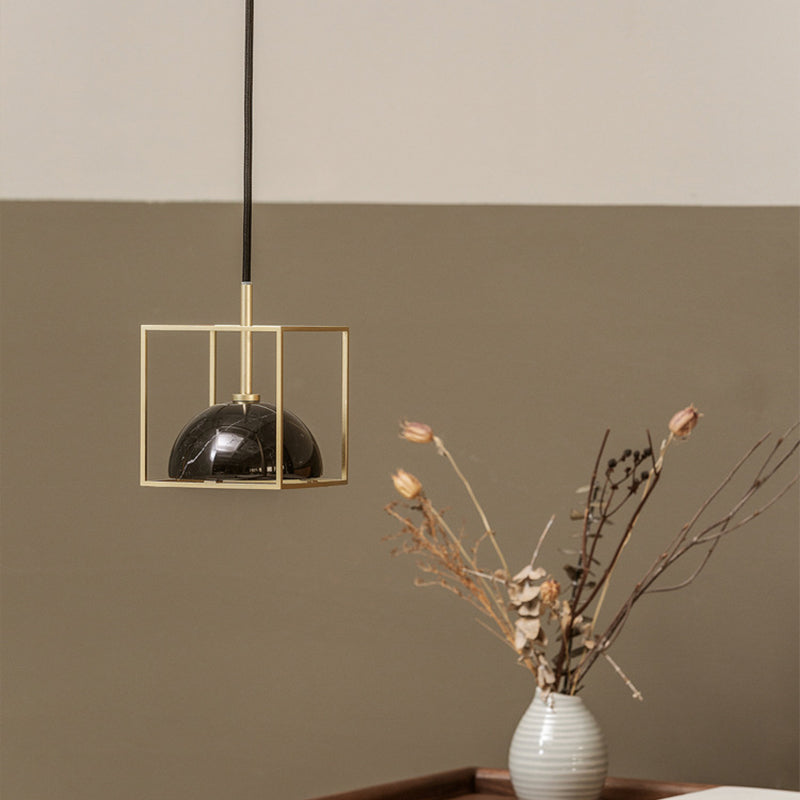 Stylish 1-Light Nordic Marble Pendant With Brass Square Frame
