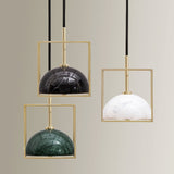 Stylish 1-Light Nordic Marble Pendant With Brass Square Frame