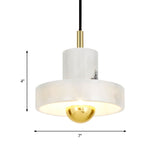 Minimalist Pot-Lid Pendant Marble Dining Room Light In White/Brass - 1-Bulb Suspension