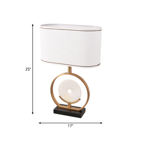Modern Fabric Table Lamp - Ellipse Nightstand Light White 1-Light With Faux Jade Decor