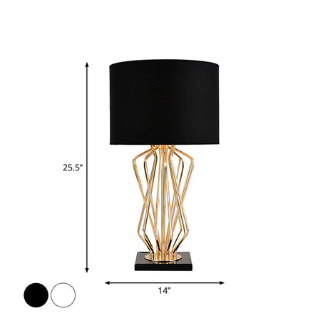 Modern Metal Table Lamp With Gold Finish Hourglass Night Light And Black/White Cylinder Fabric Shade