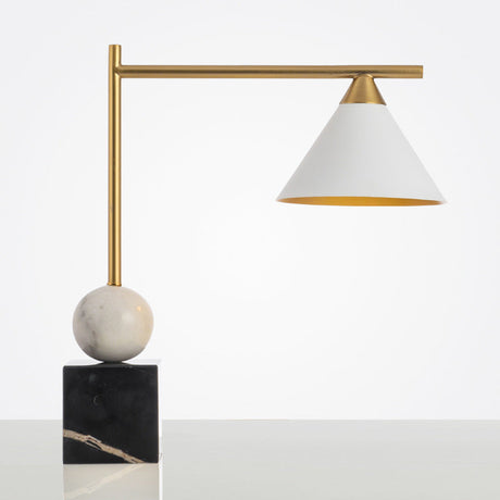 Mid Century Geometric Nightstand Lamp: Marble Base Black-White-Brass Accent 1-Light Bedroom Table