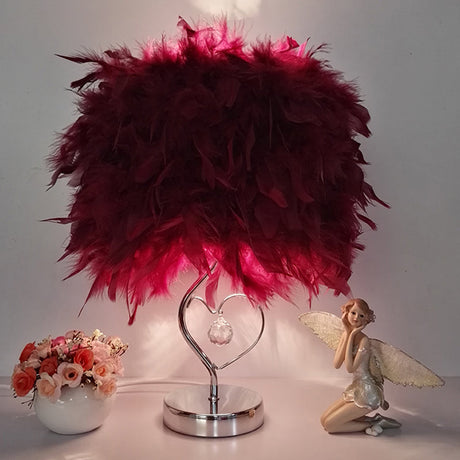 Contemporary Single Nightstand Lamp: Bucket Shaped Table Light In Red/White/Pink With Feather Shade