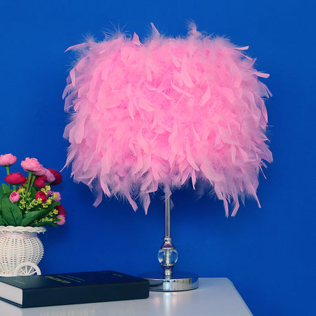 Feather Drum Night Lamp: Simple & Elegant 1-Light Bedroom Table Lighting In Pink/Red/Yellow With