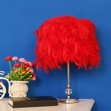 Feather Drum Night Lamp: Simple & Elegant 1-Light Bedroom Table Lighting In Pink/Red/Yellow With