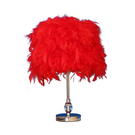 Feather Drum Night Lamp: Simple & Elegant 1-Light Bedroom Table Lighting In Pink/Red/Yellow With