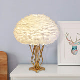 Feather Half-Globe Table Lamp - Post-Modern White Brass Night Light With Open Urn Base