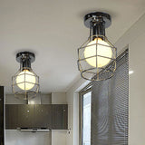 Stylish Antique Wire Guard Semi Mount Ceiling Light - 1 Head White/Gold Corridor