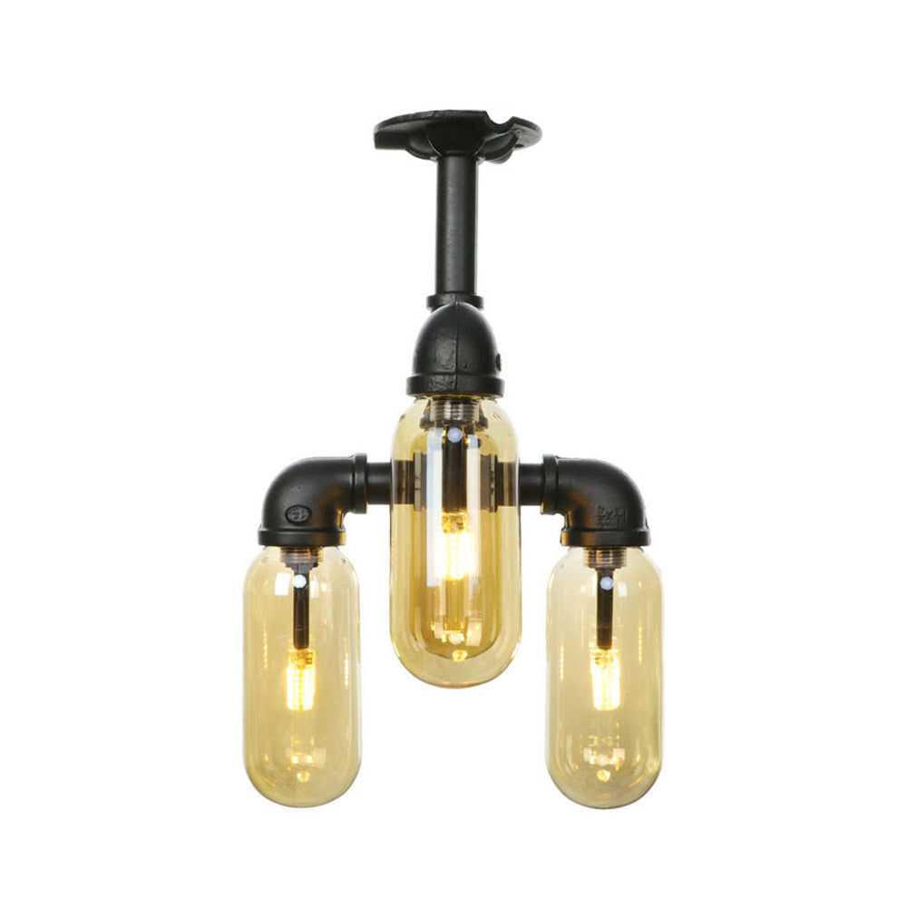 Vintage Amber Glass Ceiling Light With Matte Black Semi Flush Design - 3/4 Oval Shade