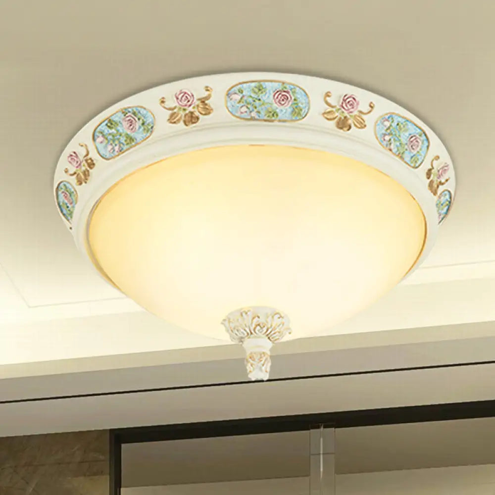 2/3-Head Flush Mount Opaline Glass Dome Ceiling Light With Flower Decor In Blue And White 14/19 Wide