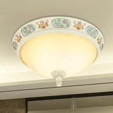2/3-Head Flush Mount Opaline Glass Dome Ceiling Light With Flower Decor In Blue And White 14/19 Wide