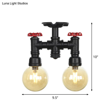 2 - Head Semi - Flush Industrial Ball Amber Glass Ceiling Fixture In Black