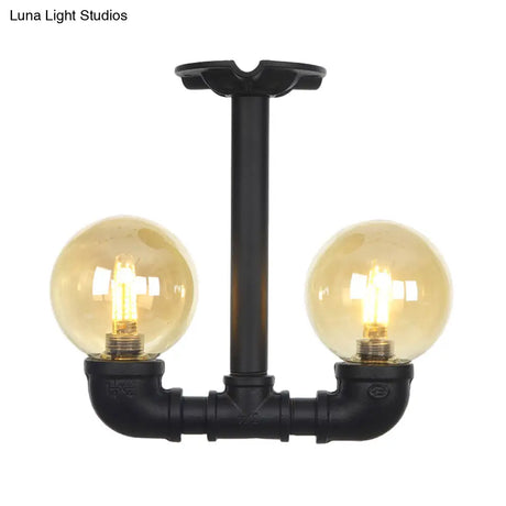 2 - Head Semi - Flush Industrial Ball Amber Glass Ceiling Fixture In Black