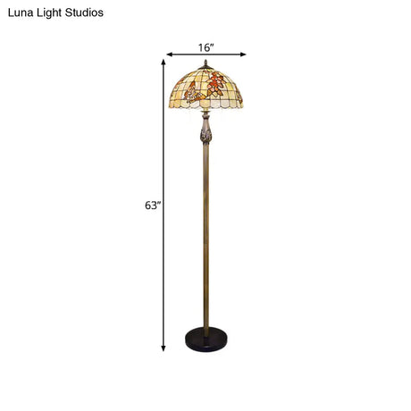 2-Head Tiffany Scalloped Dome Shell Floor Reading Lamp - Butterfly And Flower Patterned Lighting In