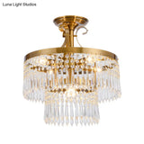 2 - Layer Semi Flush Crystal Ceiling Lamp With 6 Bulbs - Modernist Cut Brushed Brass Finish