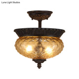 2 - Light Countryside Black Semi Flush Ceiling Light With Prismatic Glass - Ideal For Dining Room