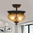 2 - Light Countryside Black Semi Flush Ceiling Light With Prismatic Glass - Ideal For Dining Room