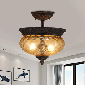 2 - Light Countryside Black Semi Flush Ceiling Light With Prismatic Glass - Ideal For Dining Room