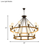 2-Tier Industrial Chandelier With 18 Hanging Lights Beige Rope Pendant Lamp For Restaurants
