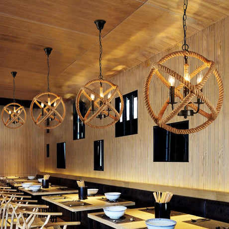 Factory Beige Natural Rope Globe Cage Chandelier Light With 3 Bulbs – Elegant Candle Design