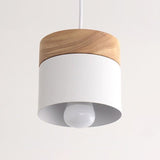 Sleek Metal Cylinder Pendant Light With Wood Top - Ideal For Dining Room Décor White