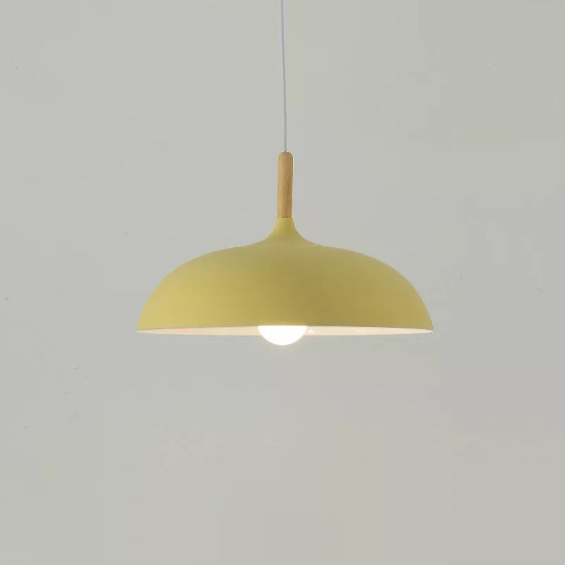 Modern Metal Macaron Dome Hanging Lamp - Dining Room Pendant Light With Wood Accent