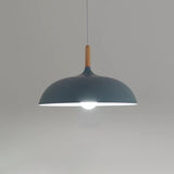 Metal Macaron Dome Hanging Lamp With Wood Top - 1 Light Pendant Lighting Fixture For Dining Room