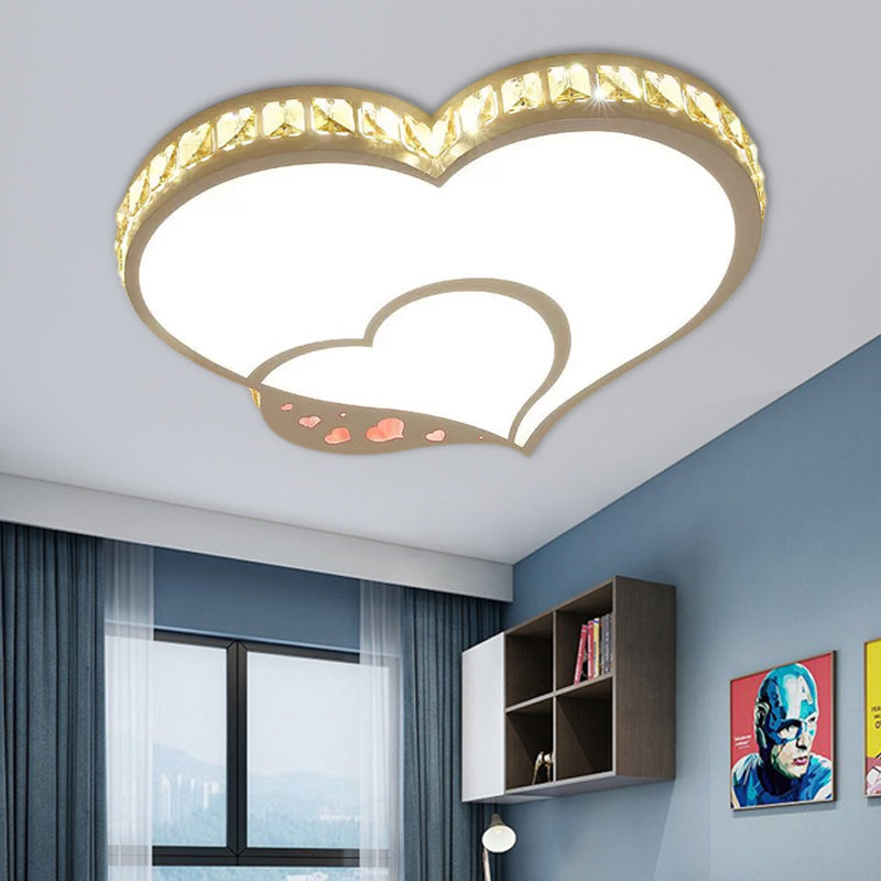 Modern Acrylic Led Double Heart Ceiling Fixture - White Flush Mount Light For Kid Bedroom With Clear