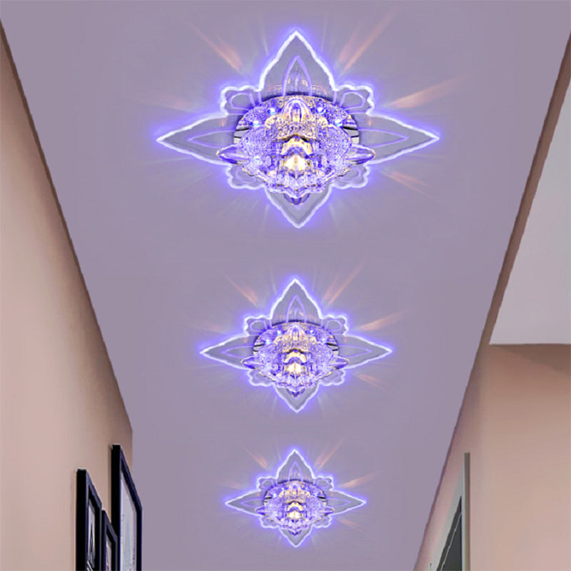 Contemporary Led Flush Light Fixture With Clear Faceted Crystal Shade For Foyer Ceiling