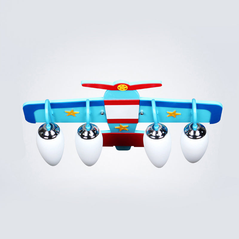 Blue Wooden Propeller Plane Ceiling Lamp With 4 Cartoon Heads - Theme Park Flush Mount Light
