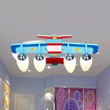 Blue Wooden Propeller Plane Ceiling Lamp With 4 Cartoon Heads - Theme Park Flush Mount Light