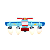 Blue Wooden Propeller Plane Ceiling Lamp With 4 Cartoon Heads - Theme Park Flush Mount Light