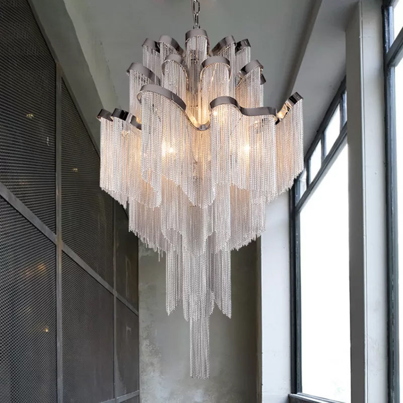 Modern Led Bedroom Chandelier: Silver Pendant Lamp With Tiered Tassel Aluminum Shade