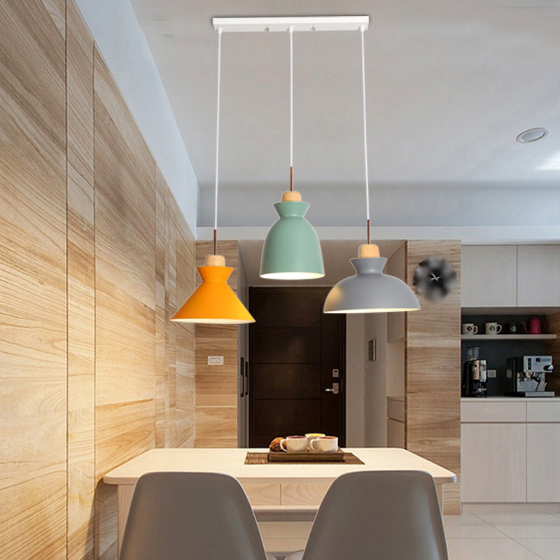 Assorted Wood Shade Pendant Lighting Fixture - 3 Head Suspension For Dining Room / Linear