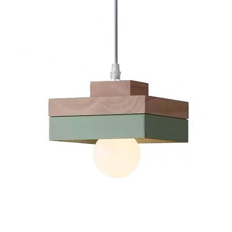 Contemporary Wood Geometry Hanging Ceiling Light - 1-Light Metallic Suspension For Dining Room Green