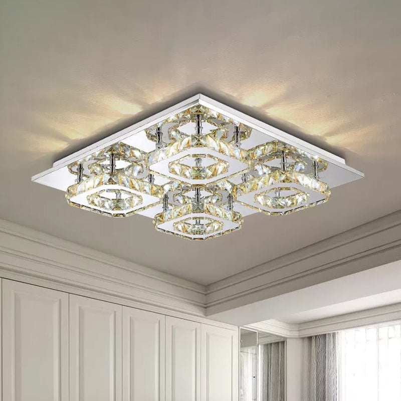 Modern Style Chrome Flush Ceiling Light With Faceted Crystal - Block Flushmount Lighting