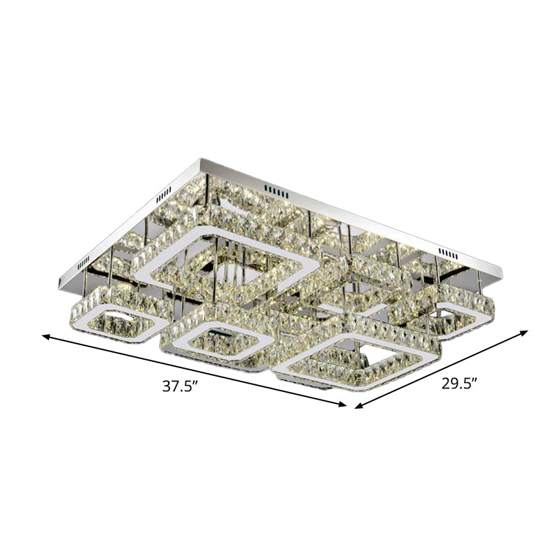 Chrome Square Flushmount Crystal Led Ceiling Light For Living Room - Simplicity And Elegance